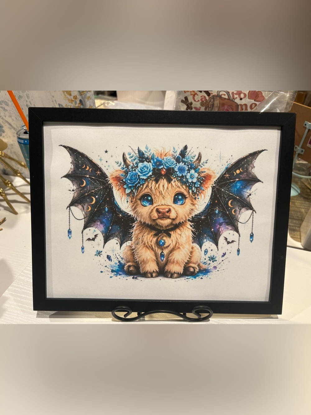 Blue Floral Bat-Wing Plush Pup Art Print - Framed 8x10 Home Art